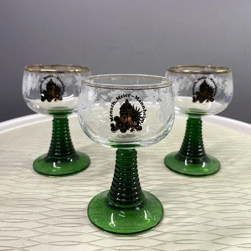 3 VTG German Schmitt Green Cordial‎ Wine Glasses Goblet Mensch, Meier-Mannheim